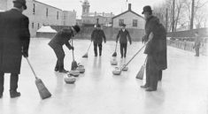 people of old time playing curling